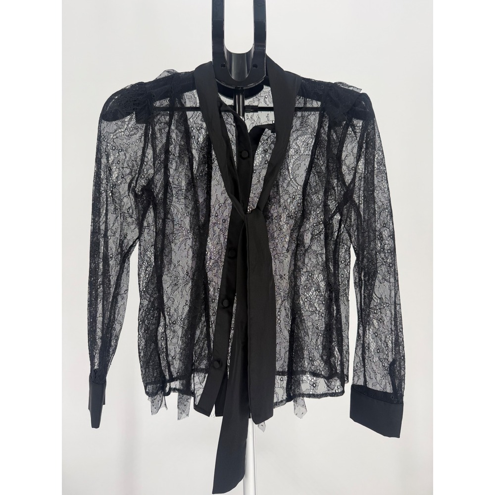 Zara Womens Black Sheer Floral Lace‎ Tie Neck Button Down Blouse Top XS